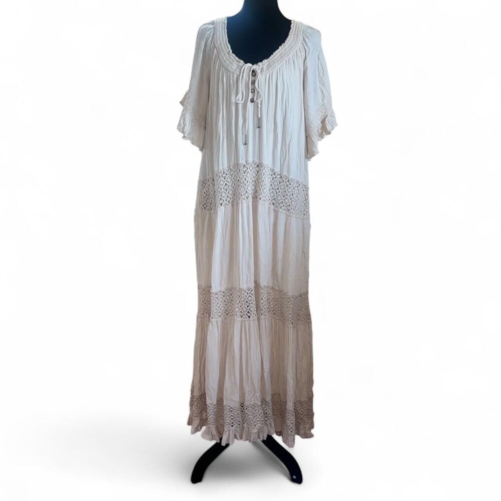 Free People Women's Cream Crochet Detail Crepe Babydoll Maxi Dress SZ M